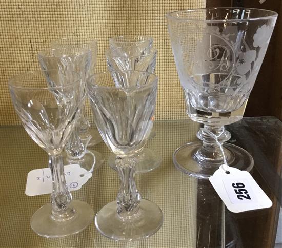 19C ale glass, engraved ship, thistle and rose & set of six panelled liqueur glasses